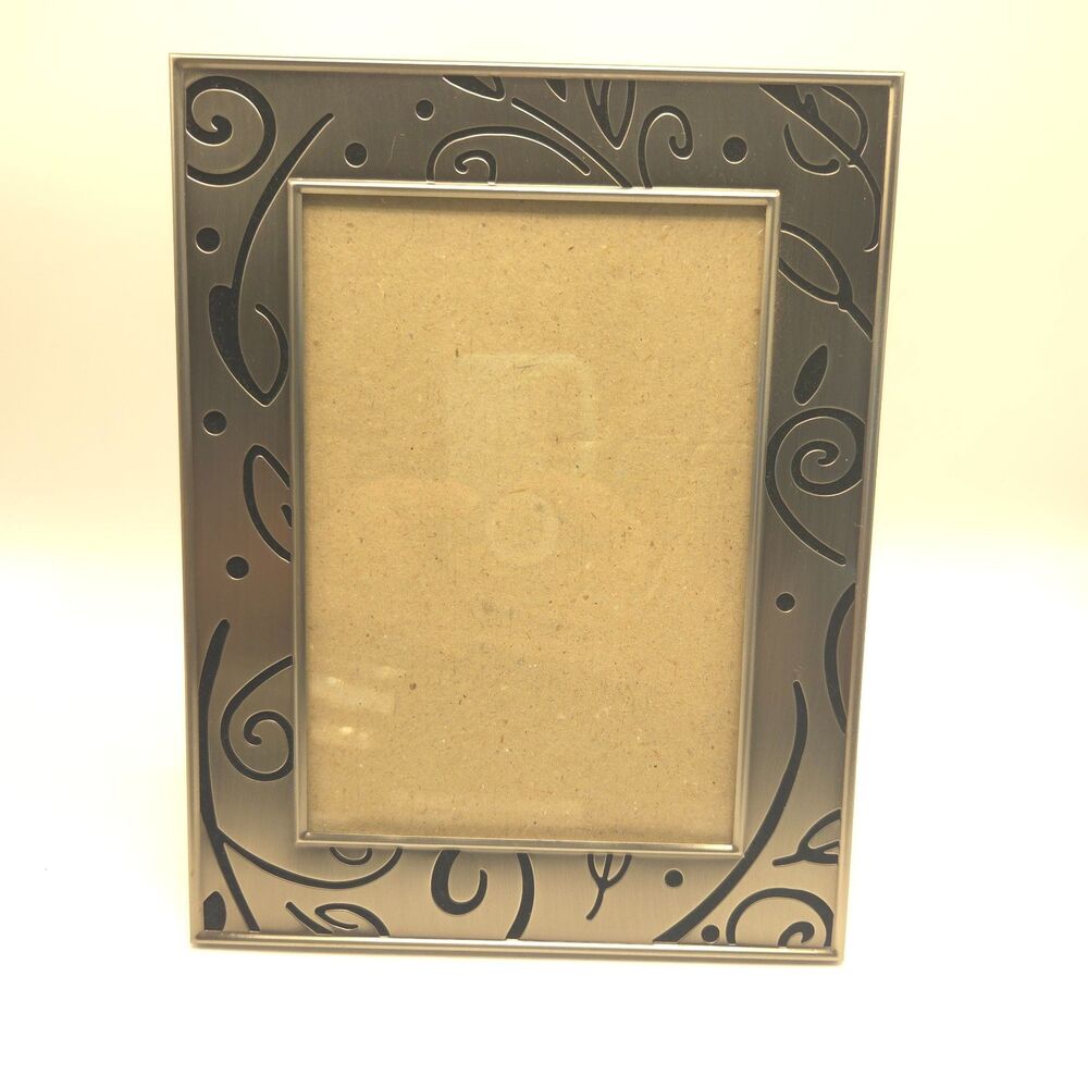 5x7 Brushed Silver Tone Metal Photo Frame Floral Scroll Cutout Tabletop